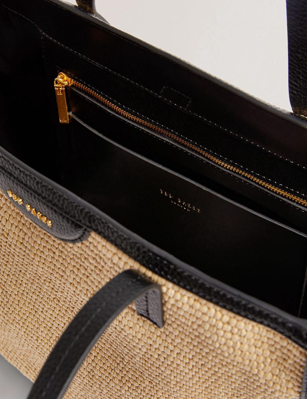 Women Ted Baker BARNI - Faux Raffia Leather Trim Large Shopper Shopper Bags Black | Egypt  NEFGY-4675