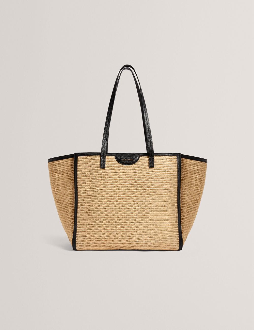 Women Ted Baker BARNI - Faux Raffia Leather Trim Large Shopper Shopper Bags Black | Egypt  NEFGY-4675