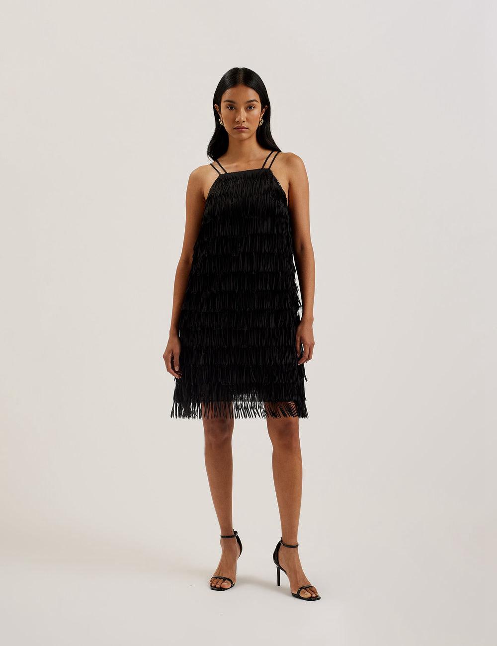Women Ted Baker BARTIN - Fringed Sequin Halter Strap Mini Dresses Black | Egypt  BIKUH-9175