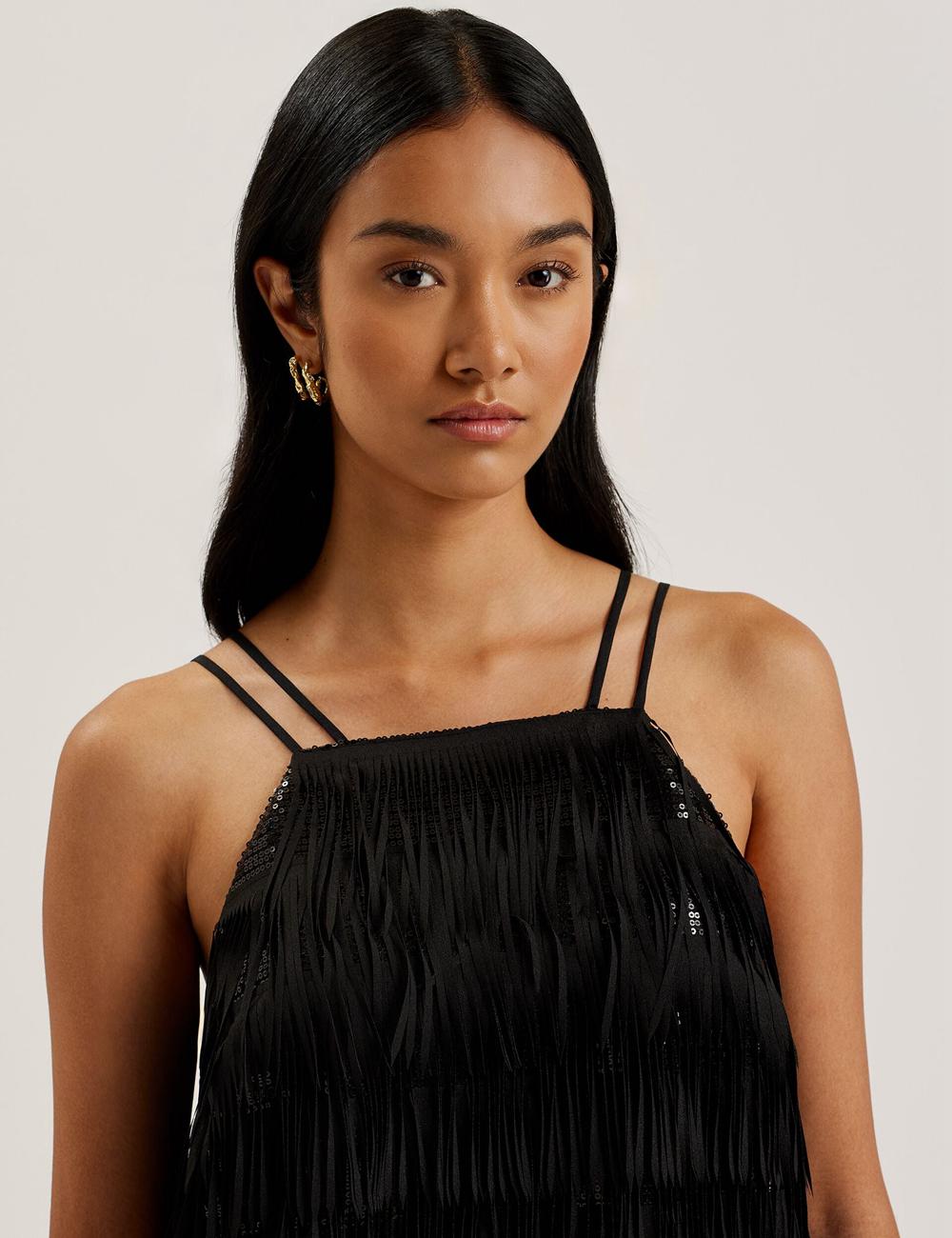 Women Ted Baker BARTIN - Fringed Sequin Halter Strap Mini Dresses Black | Egypt  BIKUH-9175