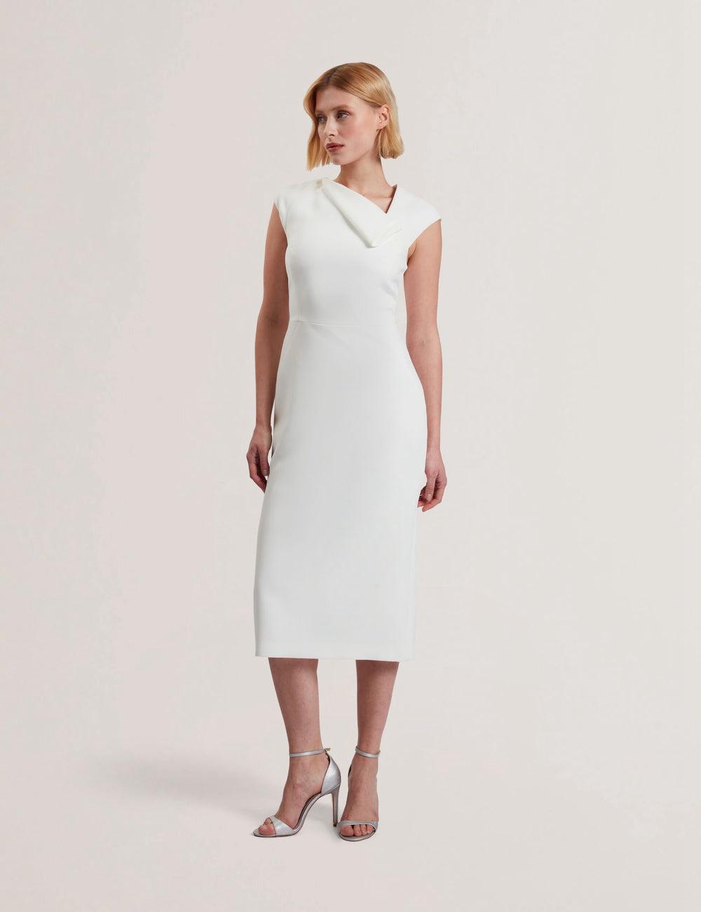 Women Ted Baker BAYREE - Folded Neckline Pencil Midi Dresses White | Egypt  CBKZI-1735