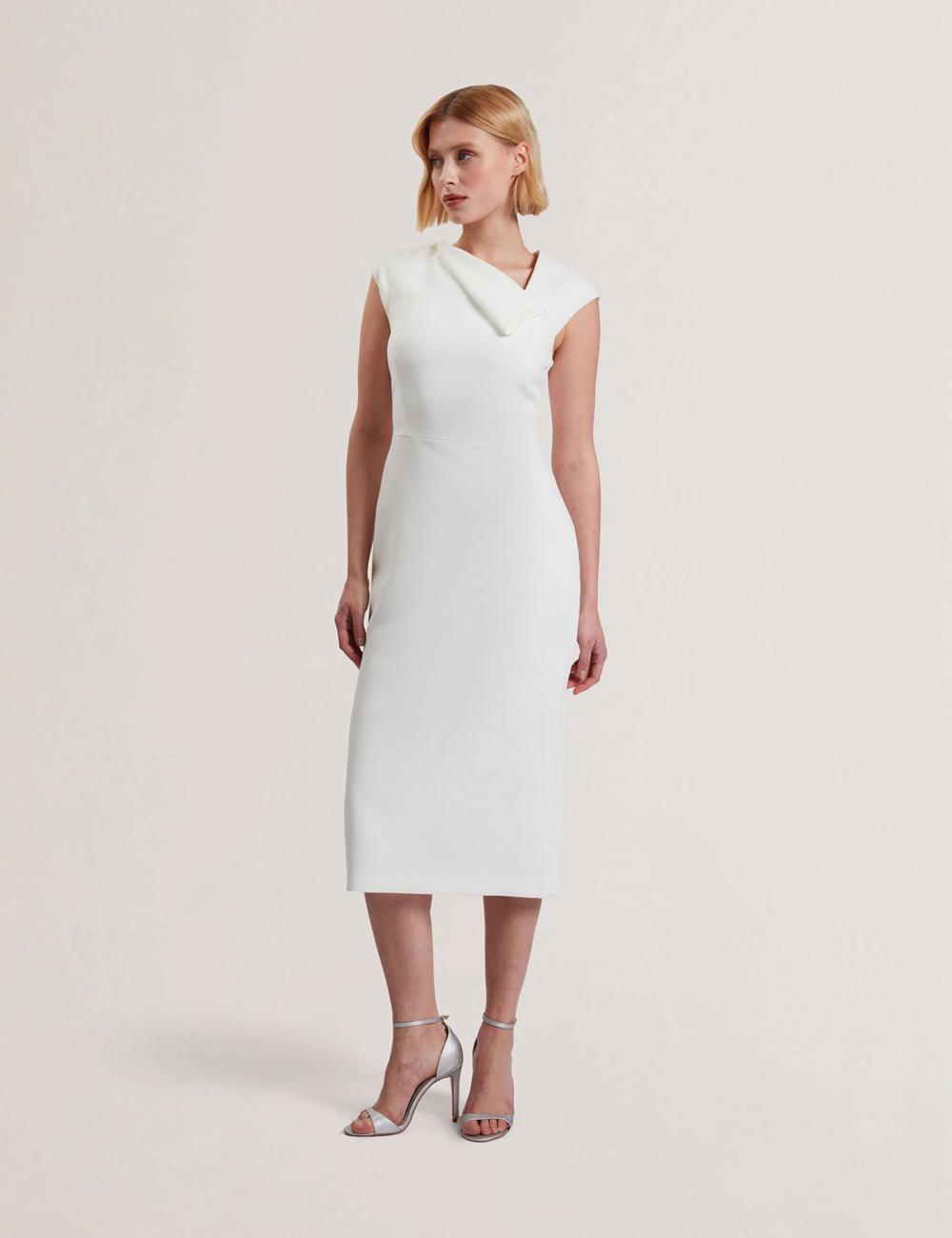 Women Ted Baker BAYREE - Folded Neckline Pencil Midi Dresses White | Egypt  CBKZI-1735
