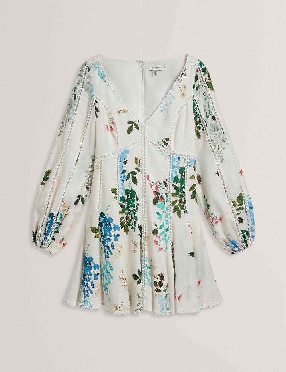 Women Ted Baker BELVIDA - Floral Crochet Trim Linen Mini Dresses White | Egypt  KELIS-3972
