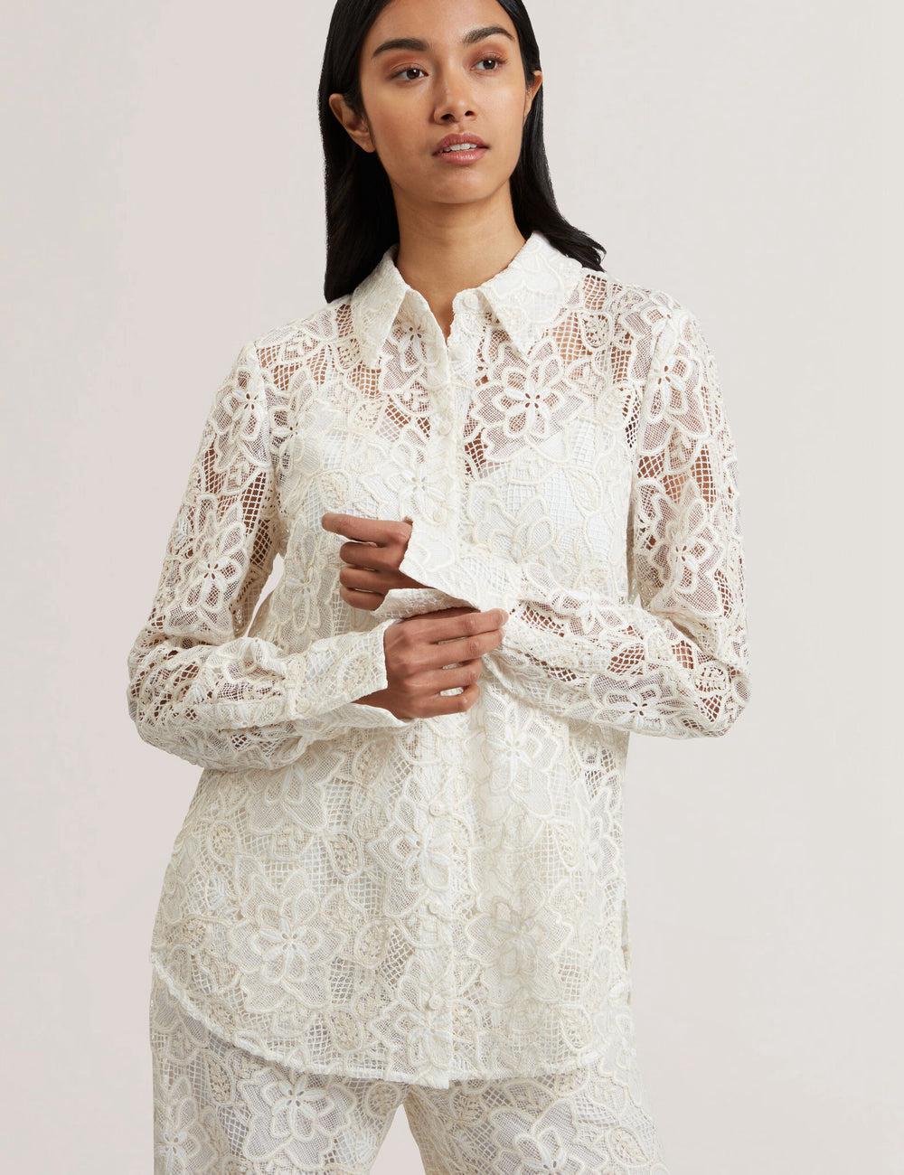 Women Ted Baker BLOND - Floral Lace Longline Cotton Shirt Tops Ivory | Egypt  HQIXA-3816