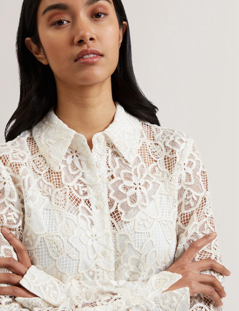 Women Ted Baker BLOND - Floral Lace Longline Cotton Shirt Tops Ivory | Egypt  HQIXA-3816