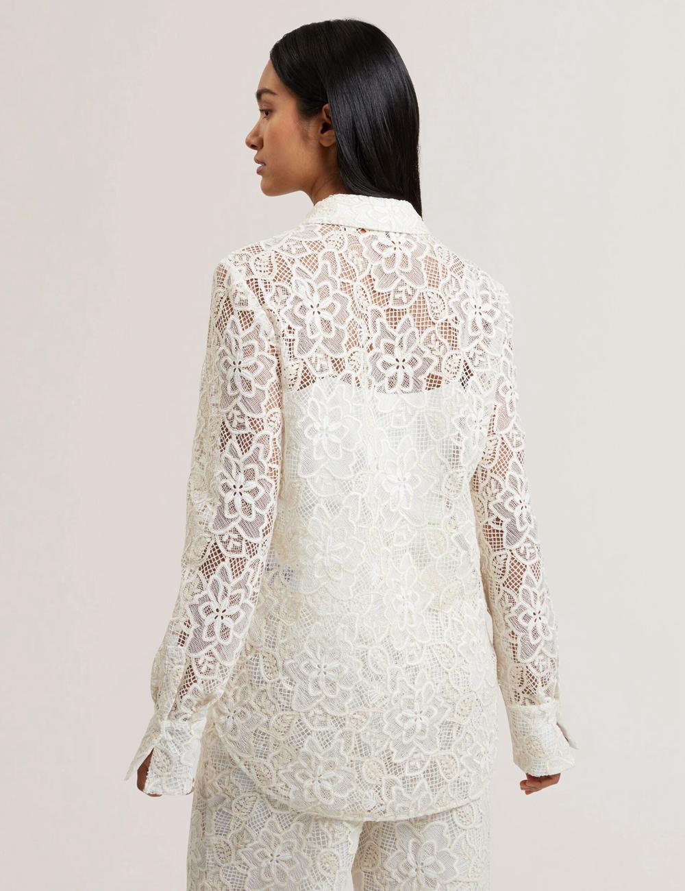 Women Ted Baker BLOND - Floral Lace Longline Cotton Shirt Tops Ivory | Egypt  HQIXA-3816