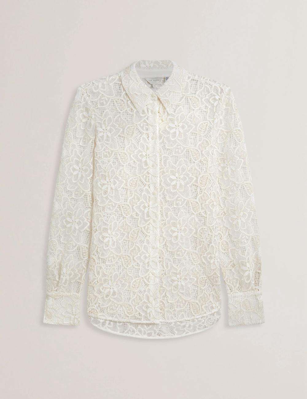Women Ted Baker BLOND - Floral Lace Longline Cotton Shirt Tops Ivory | Egypt  HQIXA-3816