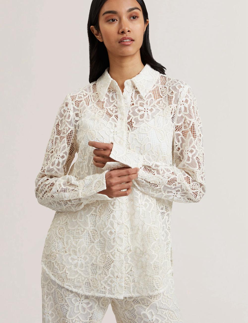 Women Ted Baker BLOND - Floral Lace Longline Cotton Shirt Tops Ivory | Egypt  HQIXA-3816