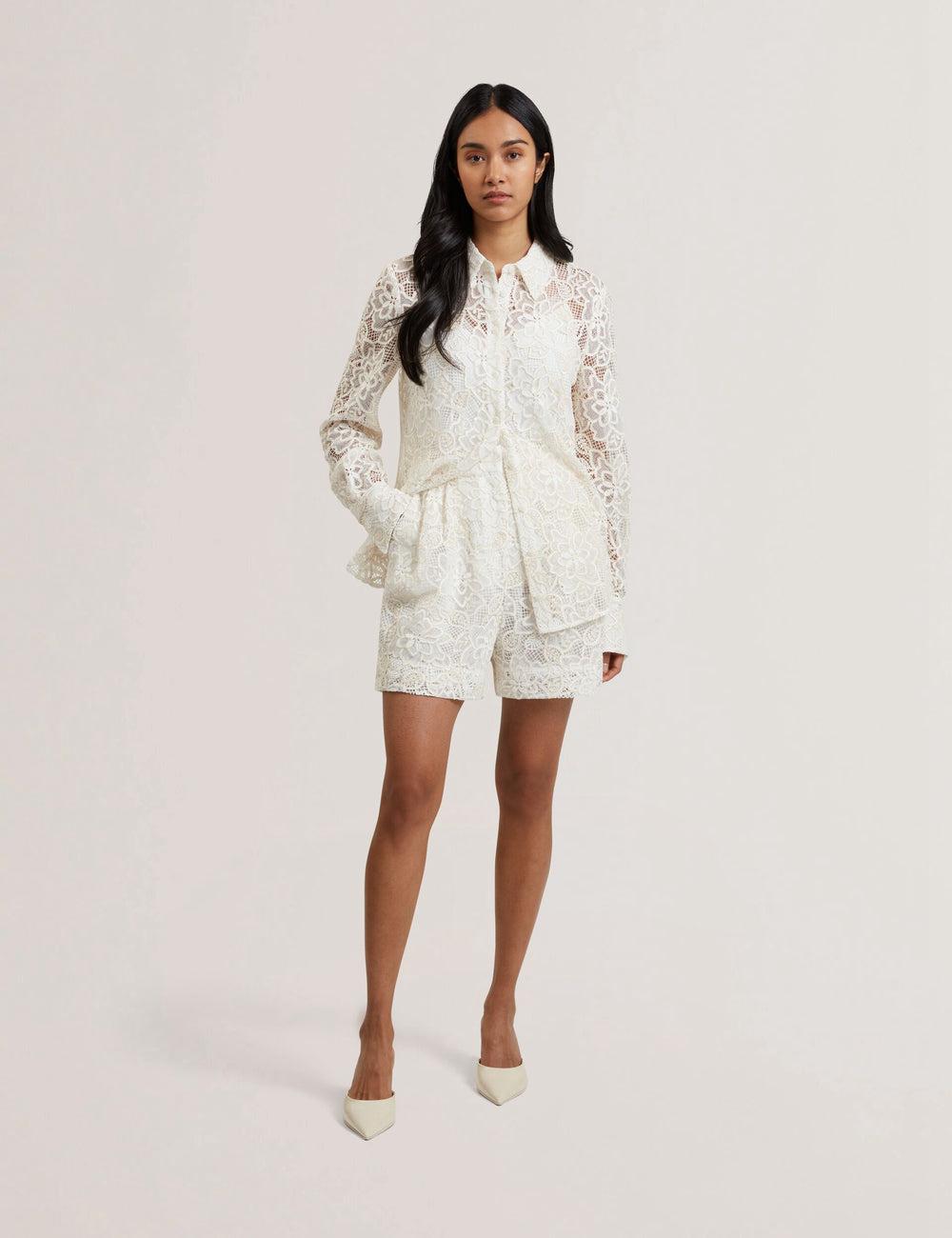 Women Ted Baker BOWIA - Lace High Waisted Tailored Shorts Ivory | Egypt  FYVKS-9038