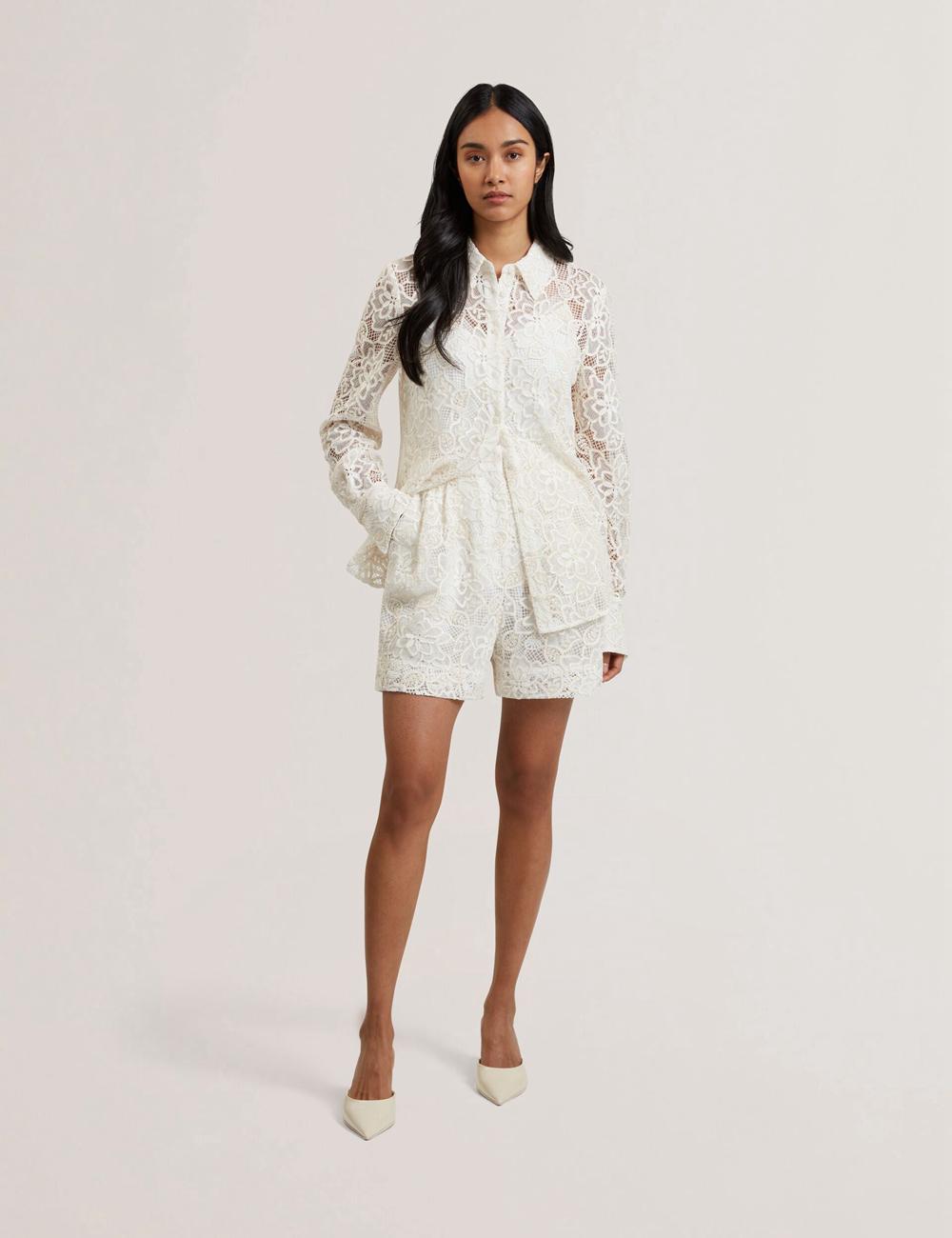 Women Ted Baker BOWIA - Lace High Waisted Tailored Shorts Ivory | Egypt  FYVKS-9038