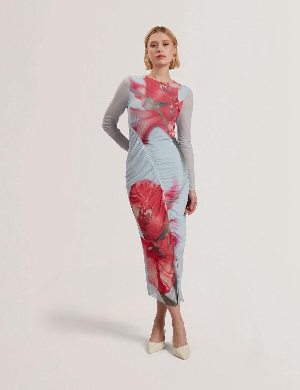 Women Ted Baker BOXNINE - Printed Mesh Gathering Bodycon Midi Dresses Blue | Egypt  BVJKT-2439