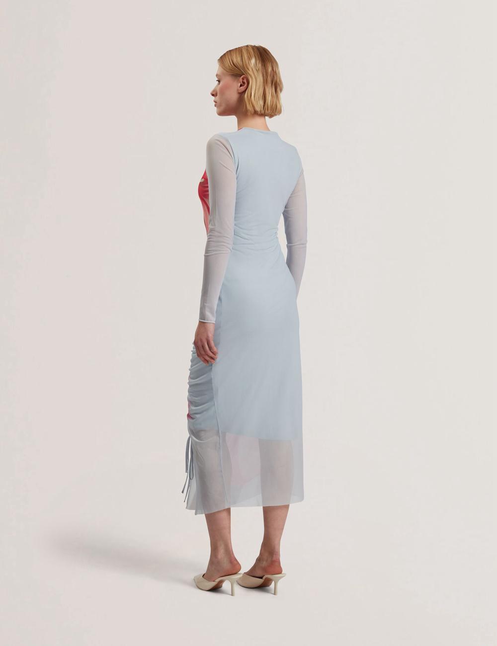 Women Ted Baker BOXNINE - Printed Mesh Gathering Bodycon Midi Dresses Blue | Egypt  BVJKT-2439