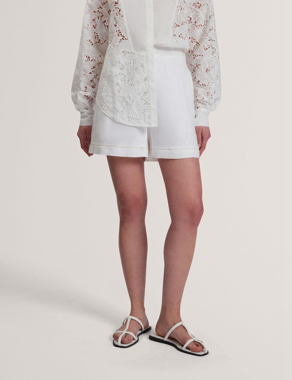 Women Ted Baker BUCCIA - Crochet Trim High Waisted Linen Shorts White | Egypt  JZMNF-8359
