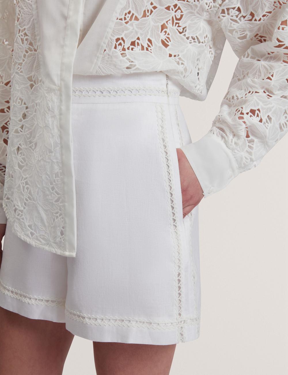 Women Ted Baker BUCCIA - Crochet Trim High Waisted Linen Shorts White | Egypt  JZMNF-8359