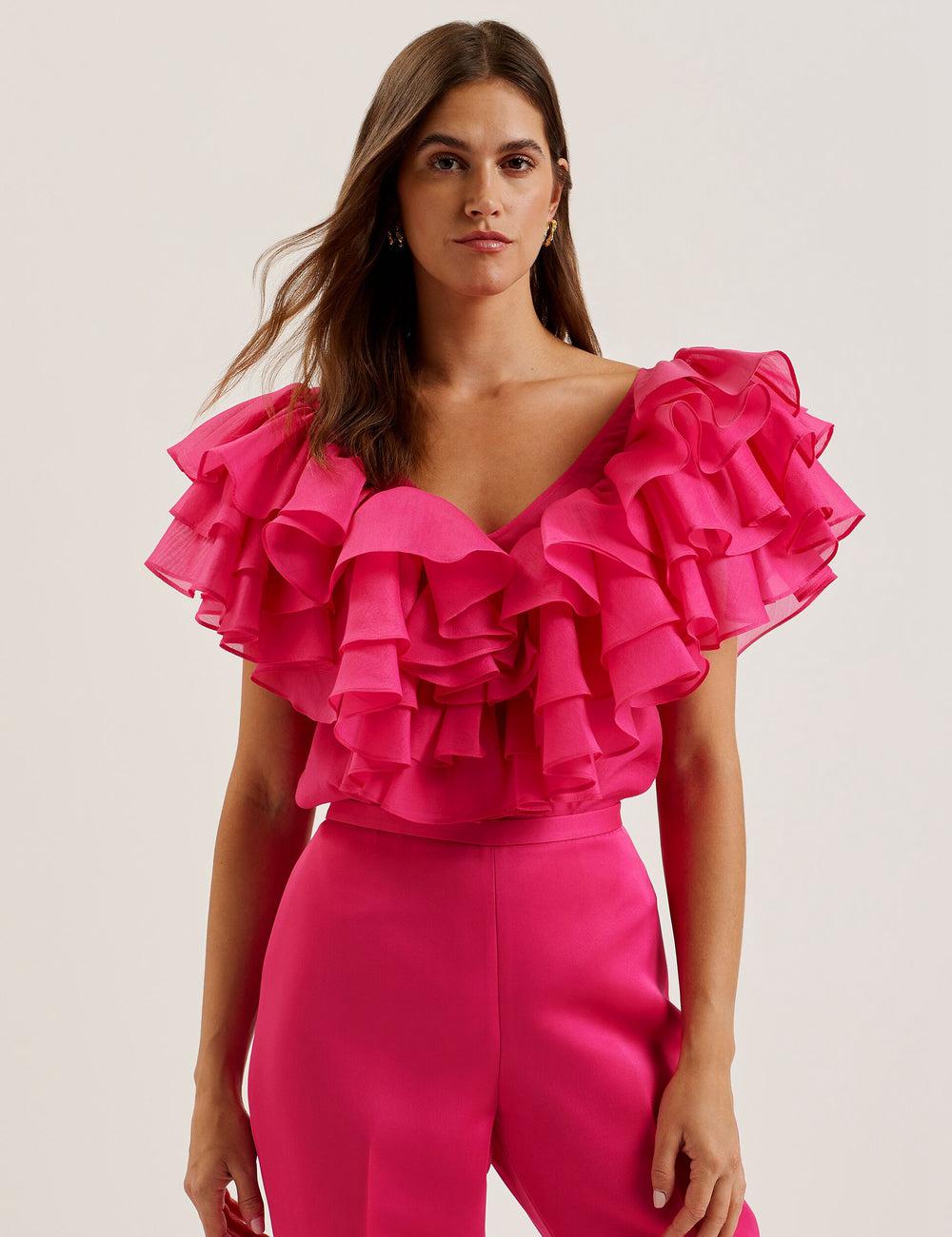 Women Ted Baker CALONDA - Oversized Frill Trim V-Neck Top Blouses Fuchsia | Egypt  DMTOQ-3952