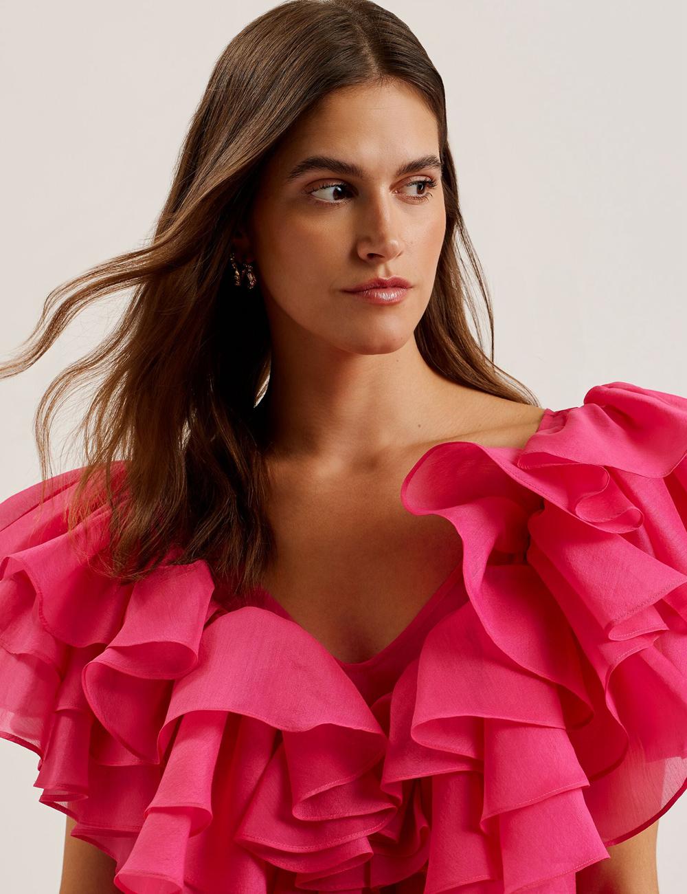 Women Ted Baker CALONDA - Oversized Frill Trim V-Neck Top Blouses Fuchsia | Egypt  DMTOQ-3952