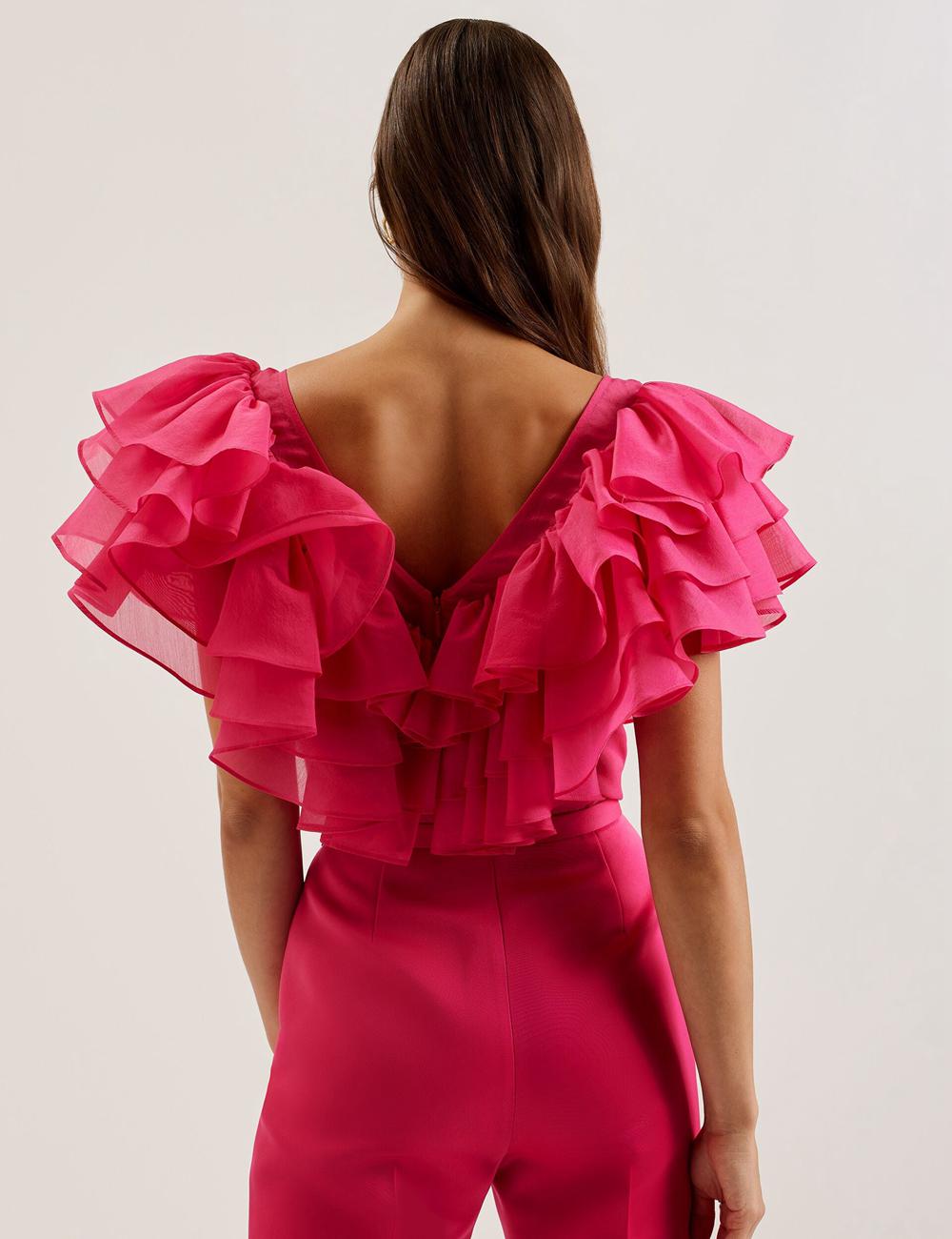 Women Ted Baker CALONDA - Oversized Frill Trim V-Neck Top Blouses Fuchsia | Egypt  DMTOQ-3952
