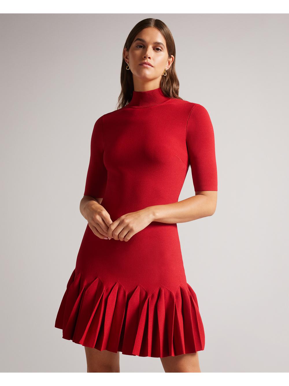 Women Ted Baker CANDDY - Pleated Hem Bodycon Knit Mini Dresses Red | Egypt  LQRTX-3154