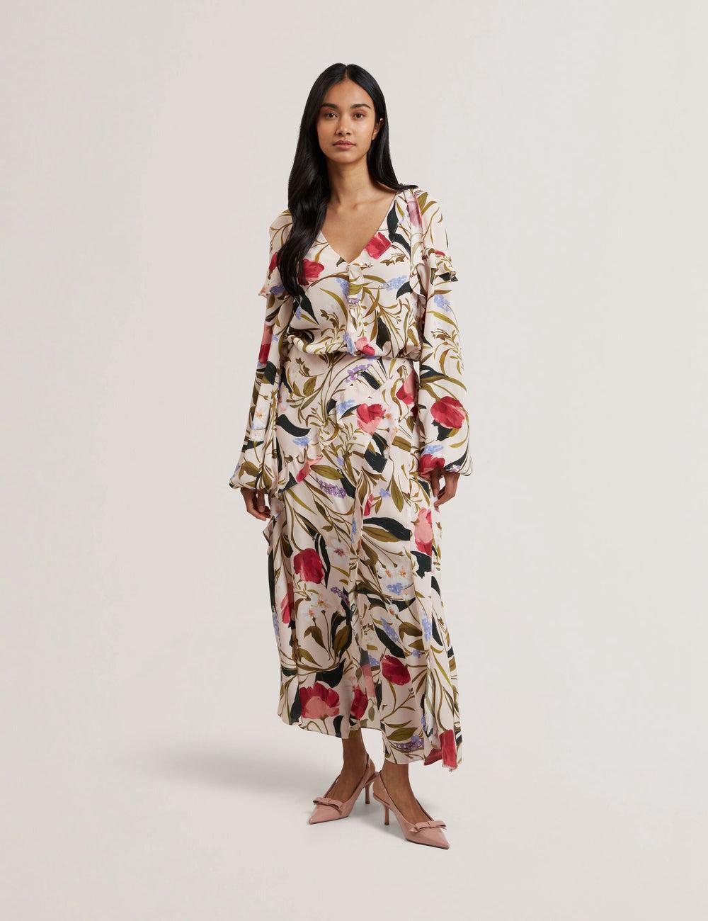 Women Ted Baker CANDICI - Floral Print Frill Trim With Split Midi Skirts Pink | Egypt  QKAEN-6804
