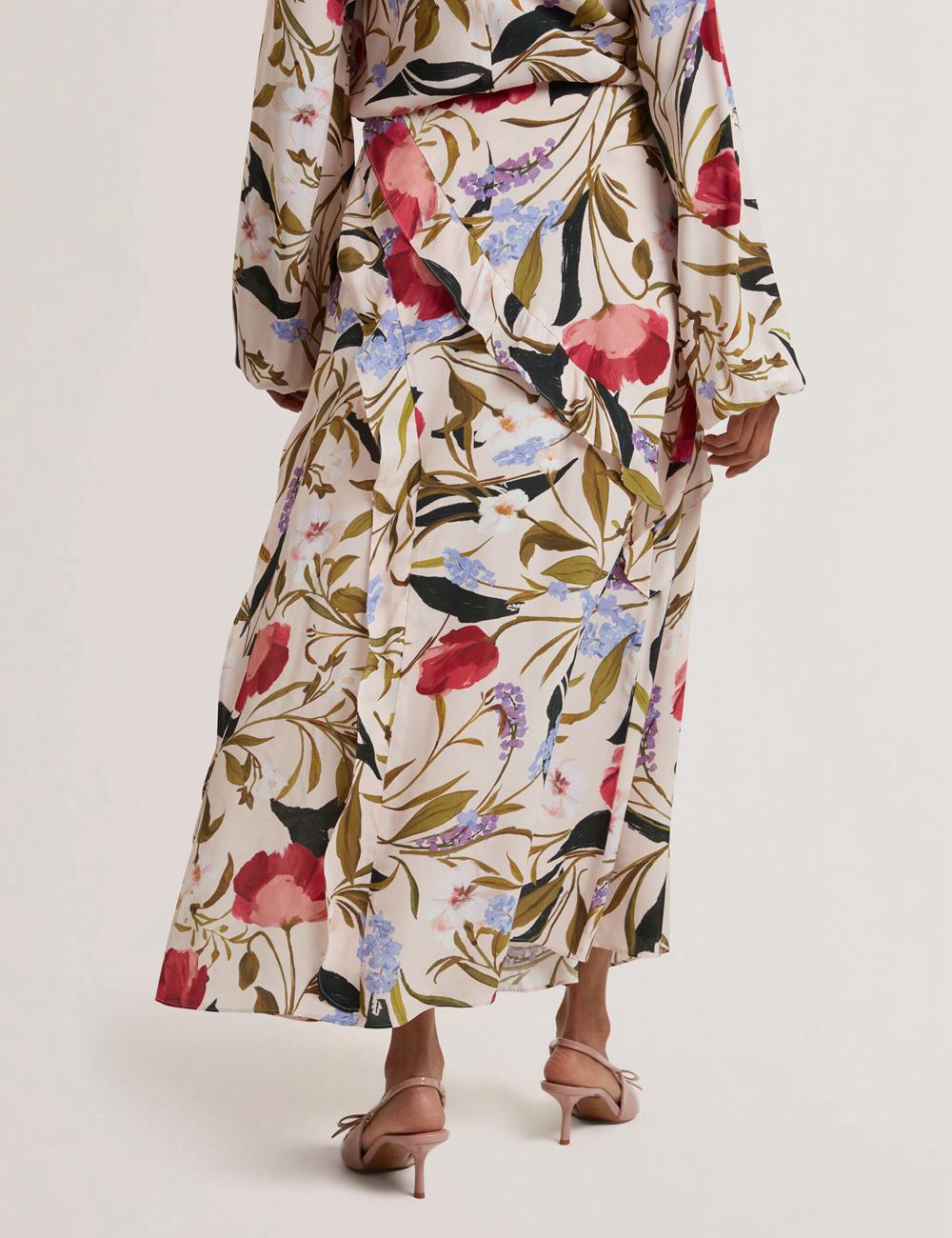 Women Ted Baker CANDICI - Floral Print Frill Trim With Split Midi Skirts Pink | Egypt  QKAEN-6804