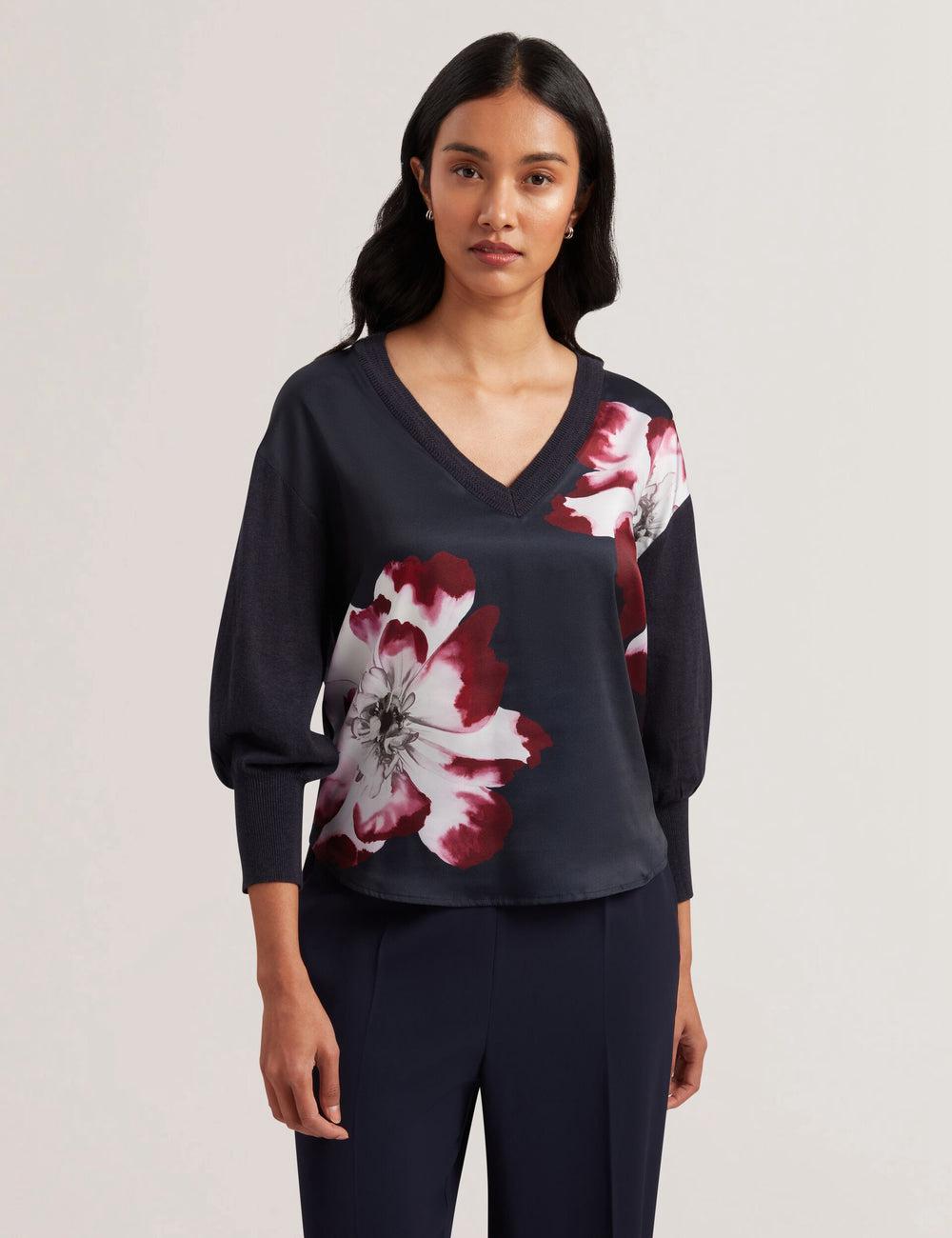 Women Ted Baker CASEYJ - Printed Woven Front V-Neck Jumpers Navy | Egypt  FURYL-9652