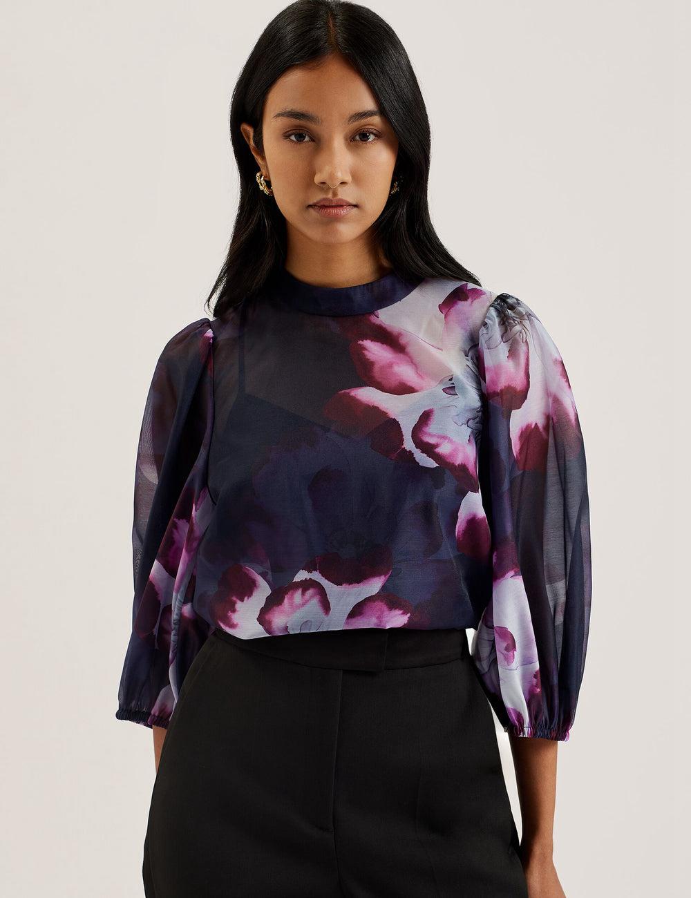 Women Ted Baker CATALO - Floral Print Balloon Sleeve Organza Top Blouses Navy | Egypt  TMCWS-3874