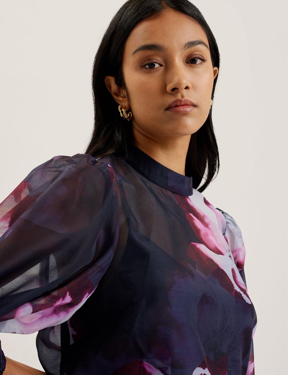 Women Ted Baker CATALO - Floral Print Balloon Sleeve Organza Top Blouses Navy | Egypt  TMCWS-3874
