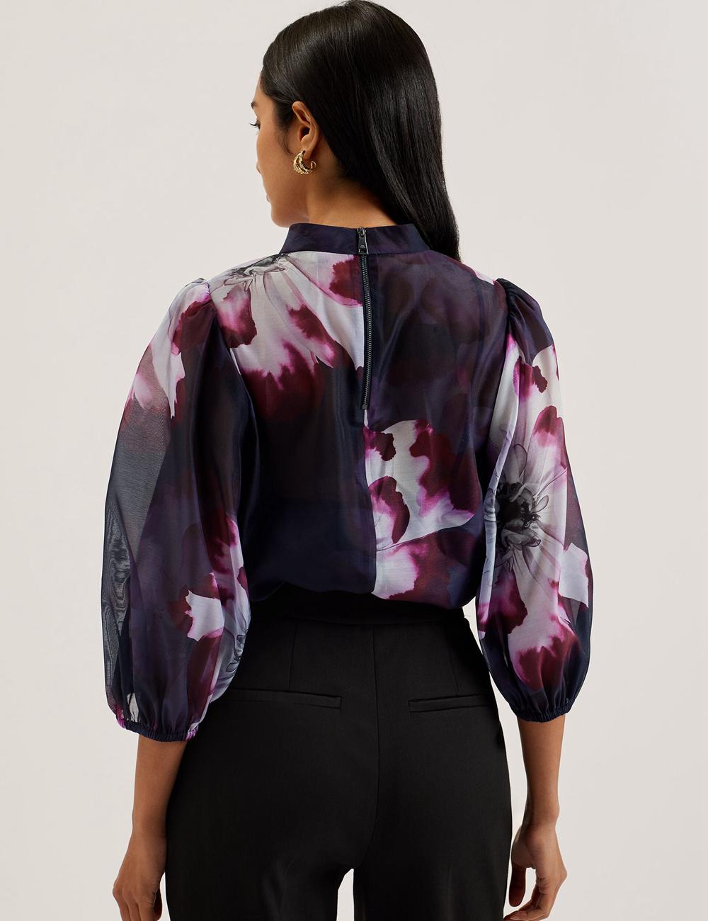 Women Ted Baker CATALO - Floral Print Balloon Sleeve Organza Top Blouses Navy | Egypt  TMCWS-3874