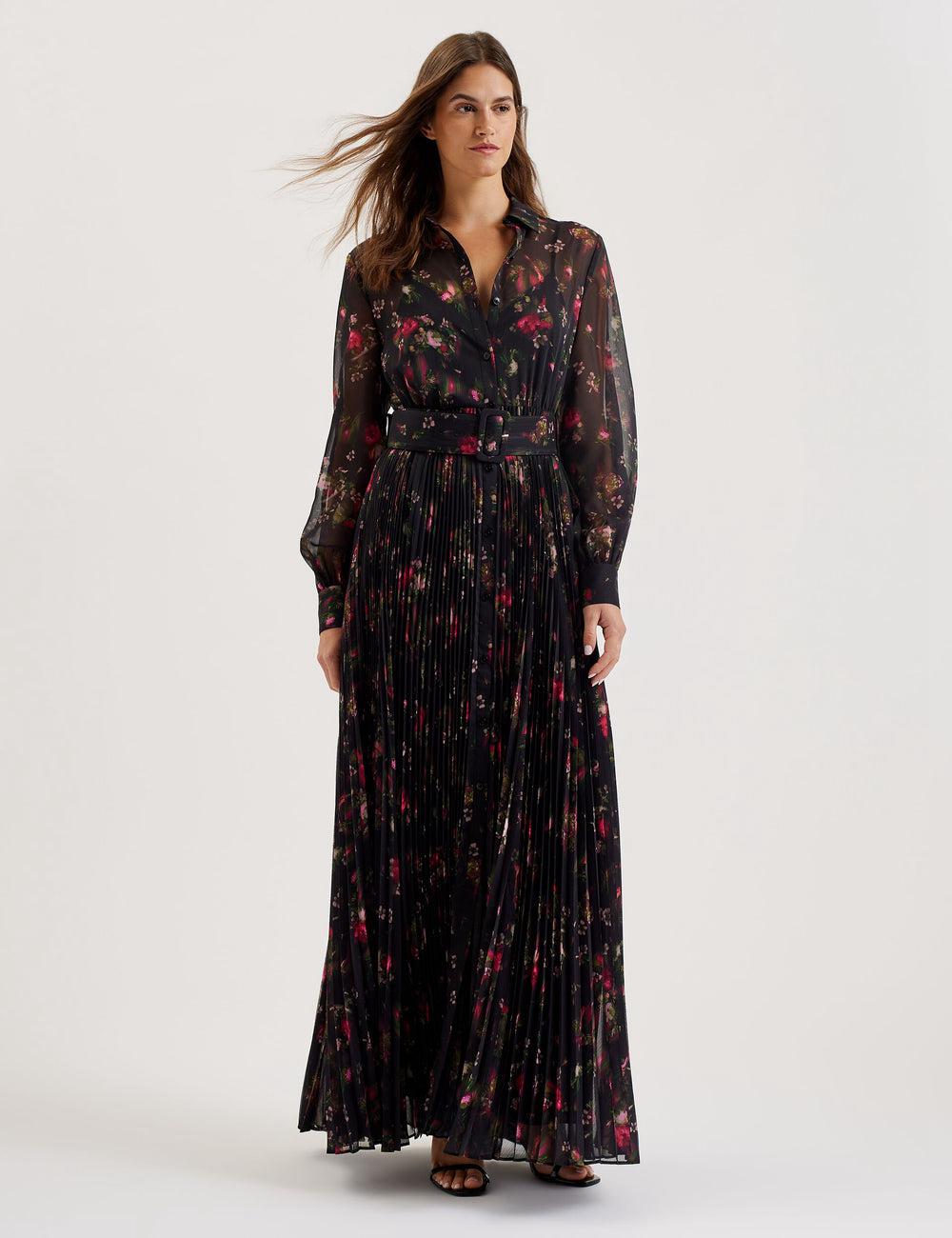 Women Ted Baker CEIBA - Floral Print Pleated Maxi Shirt Maxi Dresses Black | Egypt  MQJSN-0742