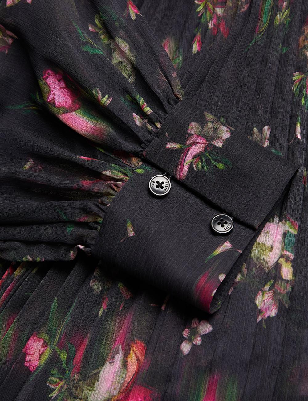 Women Ted Baker CEIBA - Floral Print Pleated Maxi Shirt Maxi Dresses Black | Egypt  MQJSN-0742