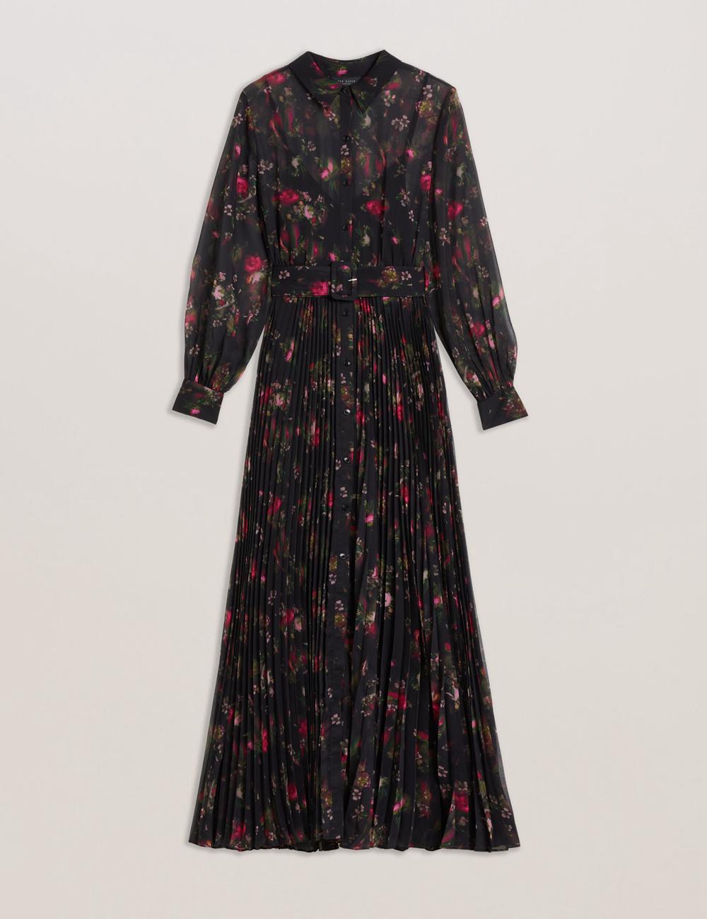 Women Ted Baker CEIBA - Floral Print Pleated Maxi Shirt Maxi Dresses Black | Egypt  MQJSN-0742