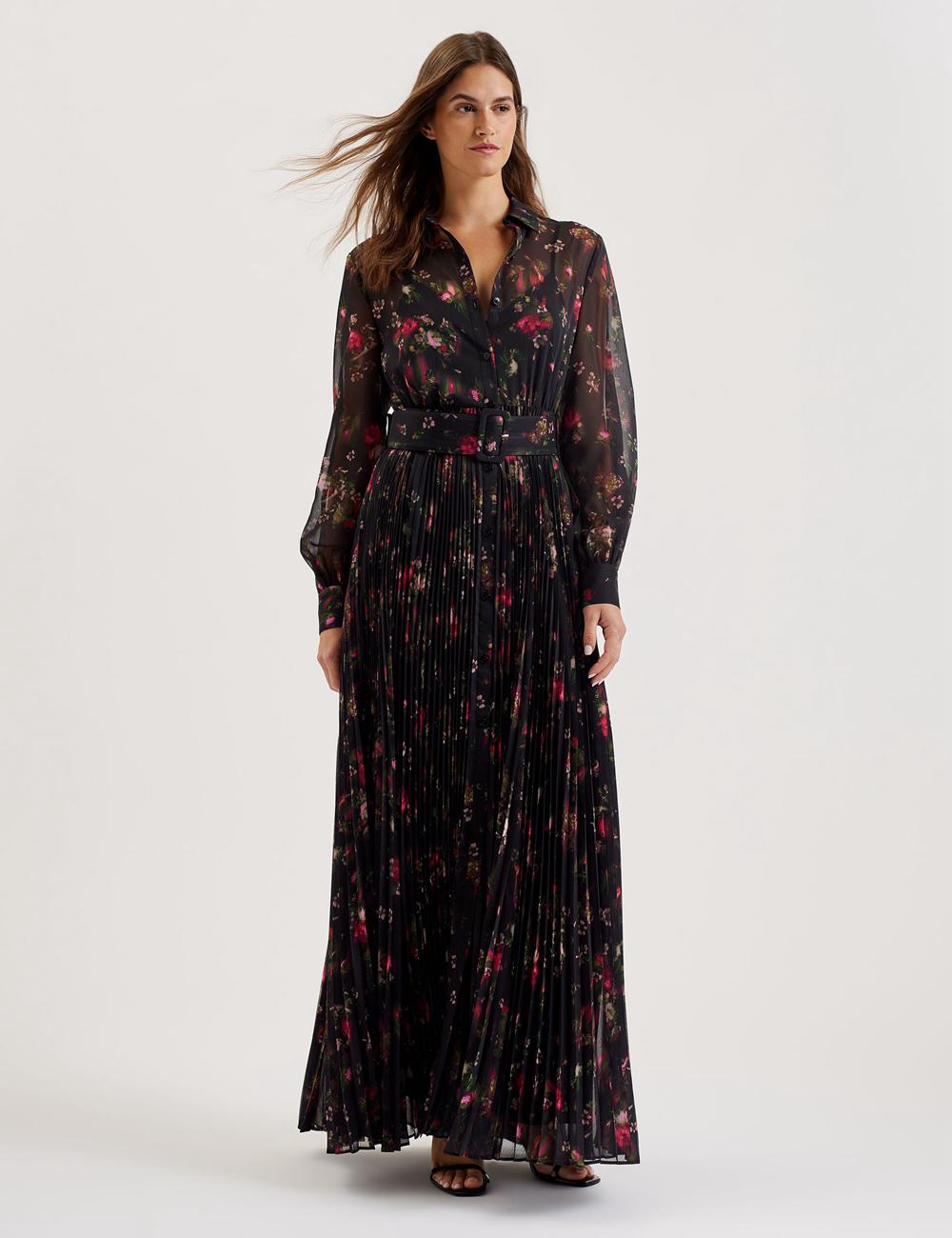 Women Ted Baker CEIBA - Floral Print Pleated Maxi Shirt Maxi Dresses Black | Egypt  MQJSN-0742