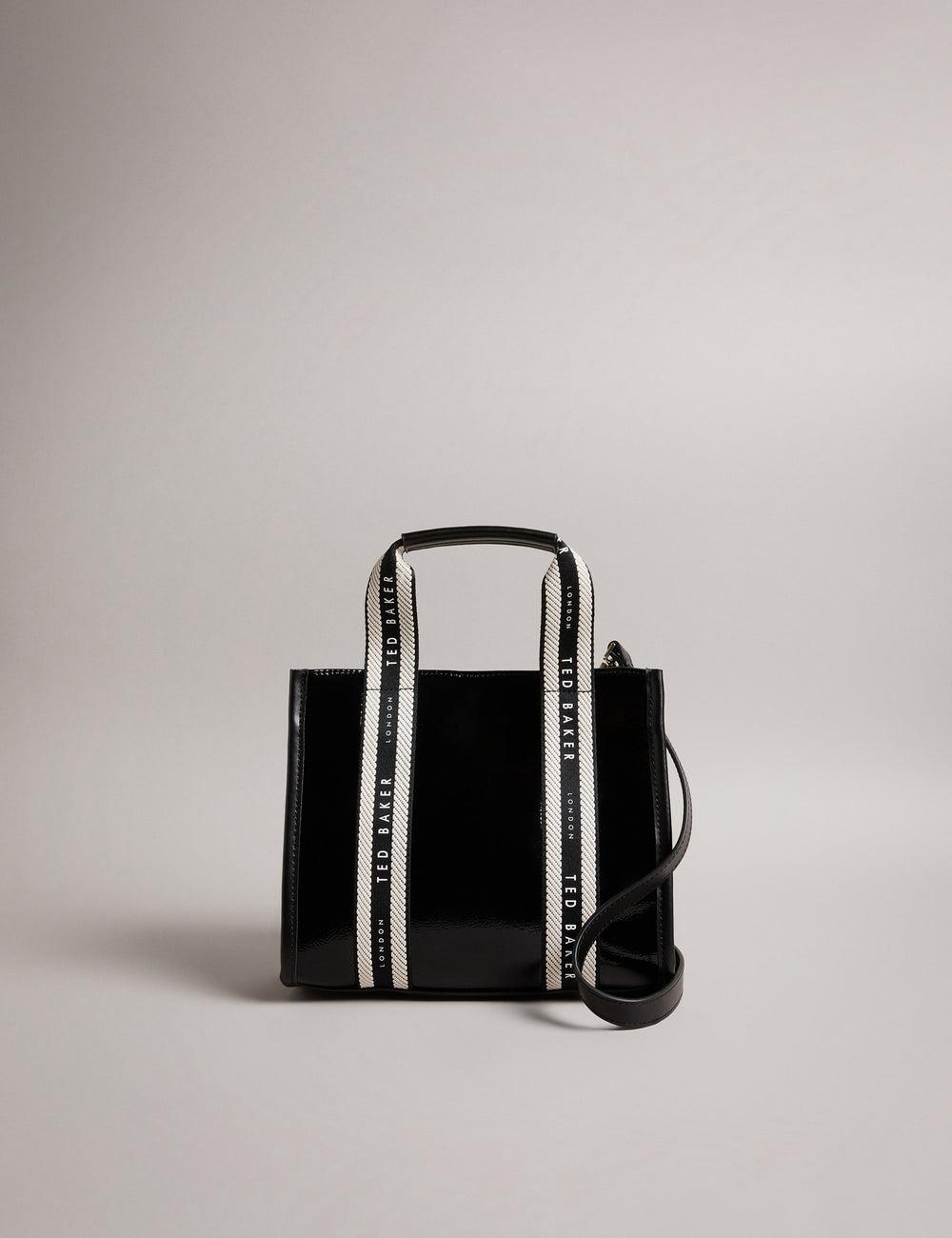 Women Ted Baker CELIANE - Branded Webbing Patent Small Tote Bags Black | Egypt  XJHKT-6109