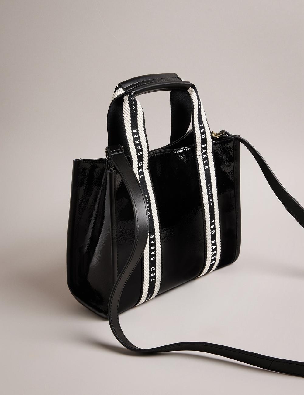 Women Ted Baker CELIANE - Branded Webbing Patent Small Tote Bags Black | Egypt  XJHKT-6109