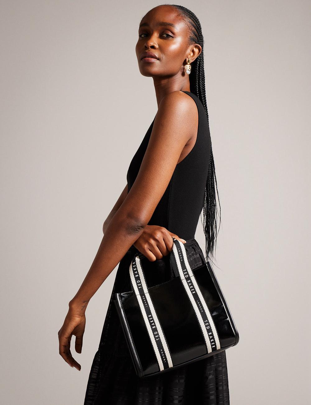 Women Ted Baker CELIANE - Branded Webbing Patent Small Tote Bags Black | Egypt  XJHKT-6109