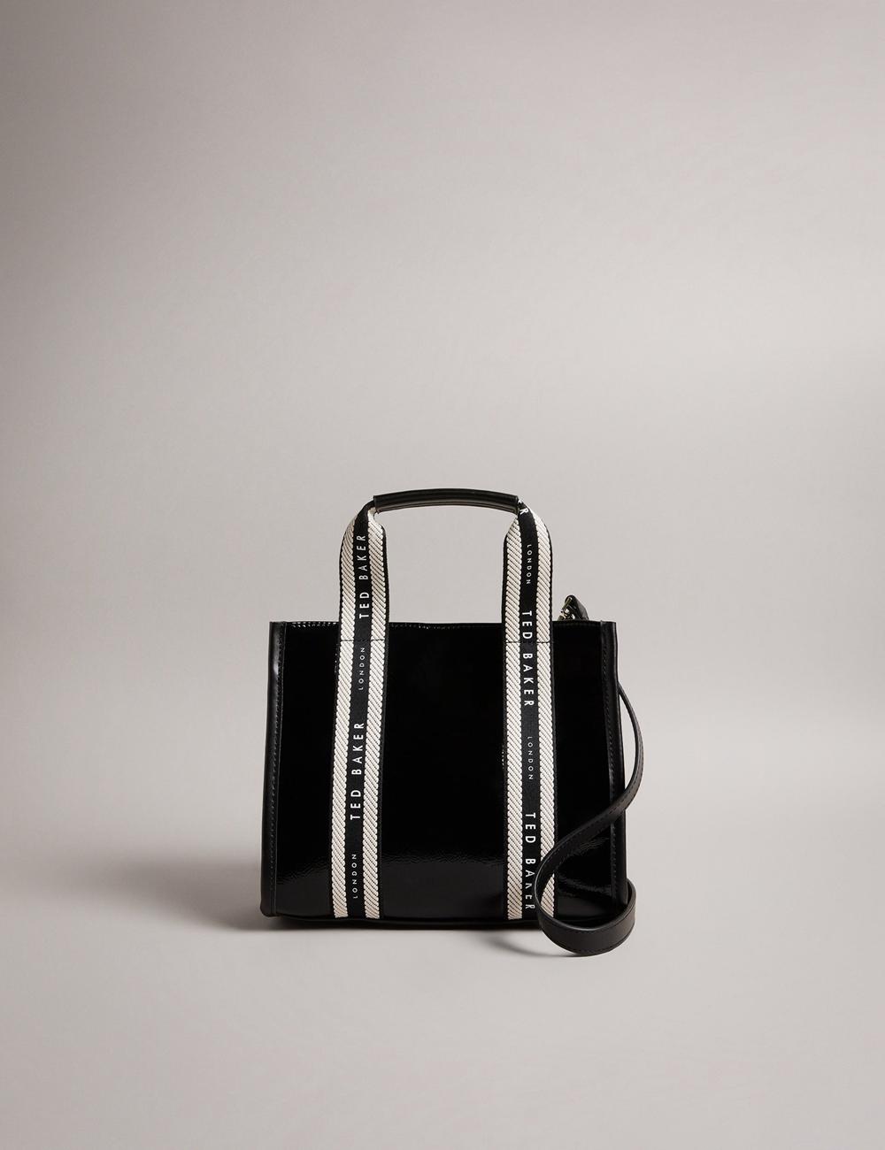 Women Ted Baker CELIANE - Branded Webbing Patent Small Tote Bags Black | Egypt  XJHKT-6109