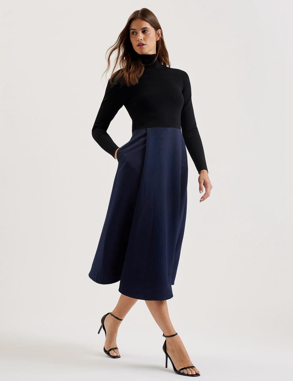 Women Ted Baker CHIRA - Knit Bodice With Wrap Skirt Midi Dresses Black | Egypt  FCSEV-3042