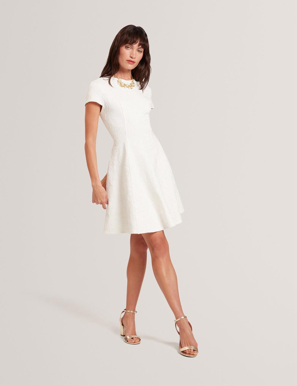 Women Ted Baker CLODAA - Embroidered Short Sleeve Skater Mini Dresses Ivory | Egypt  AONFS-3867