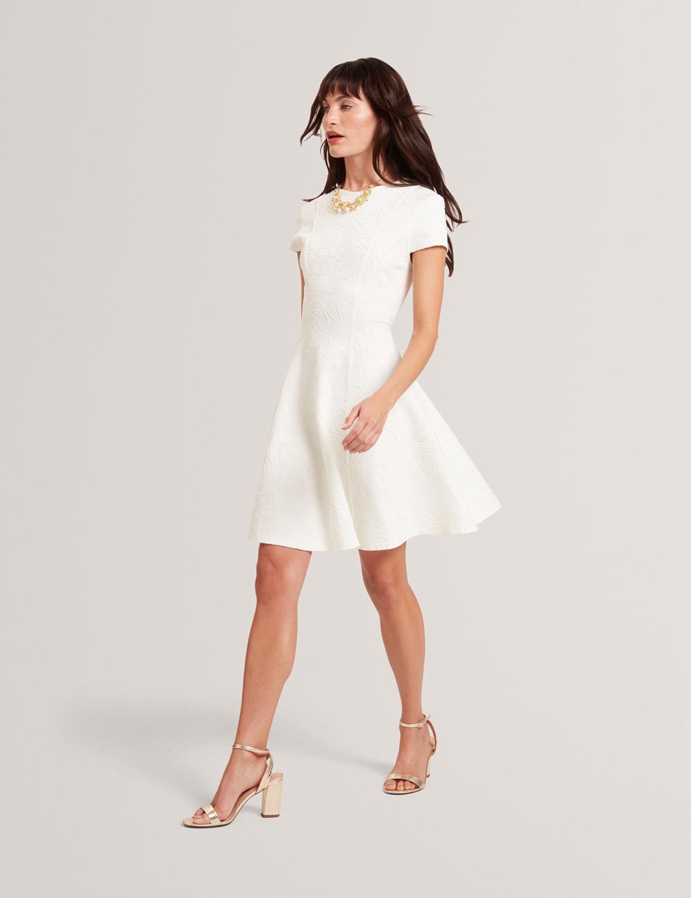 Women Ted Baker CLODAA - Embroidered Short Sleeve Skater Mini Dresses Ivory | Egypt  AONFS-3867