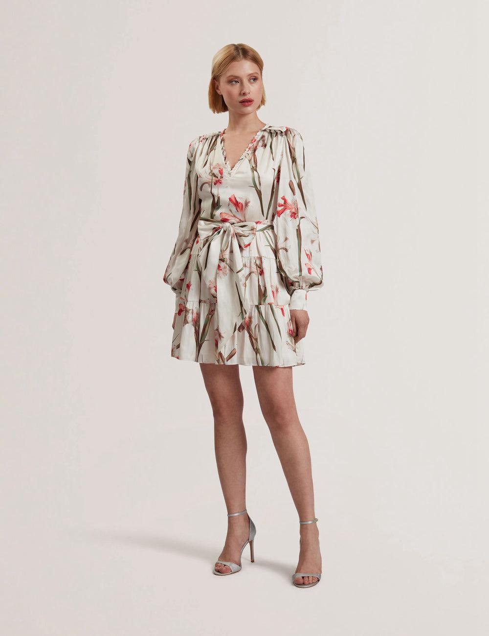 Women Ted Baker CUIABA - Floral V-Neck Waist Mini Dresses Ivory | Egypt  IVGBM-2981