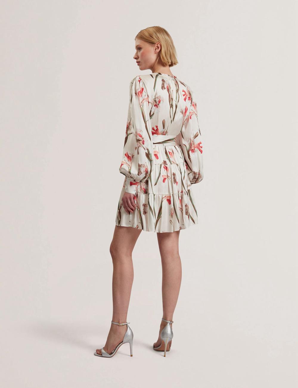 Women Ted Baker CUIABA - Floral V-Neck Waist Mini Dresses Ivory | Egypt  IVGBM-2981
