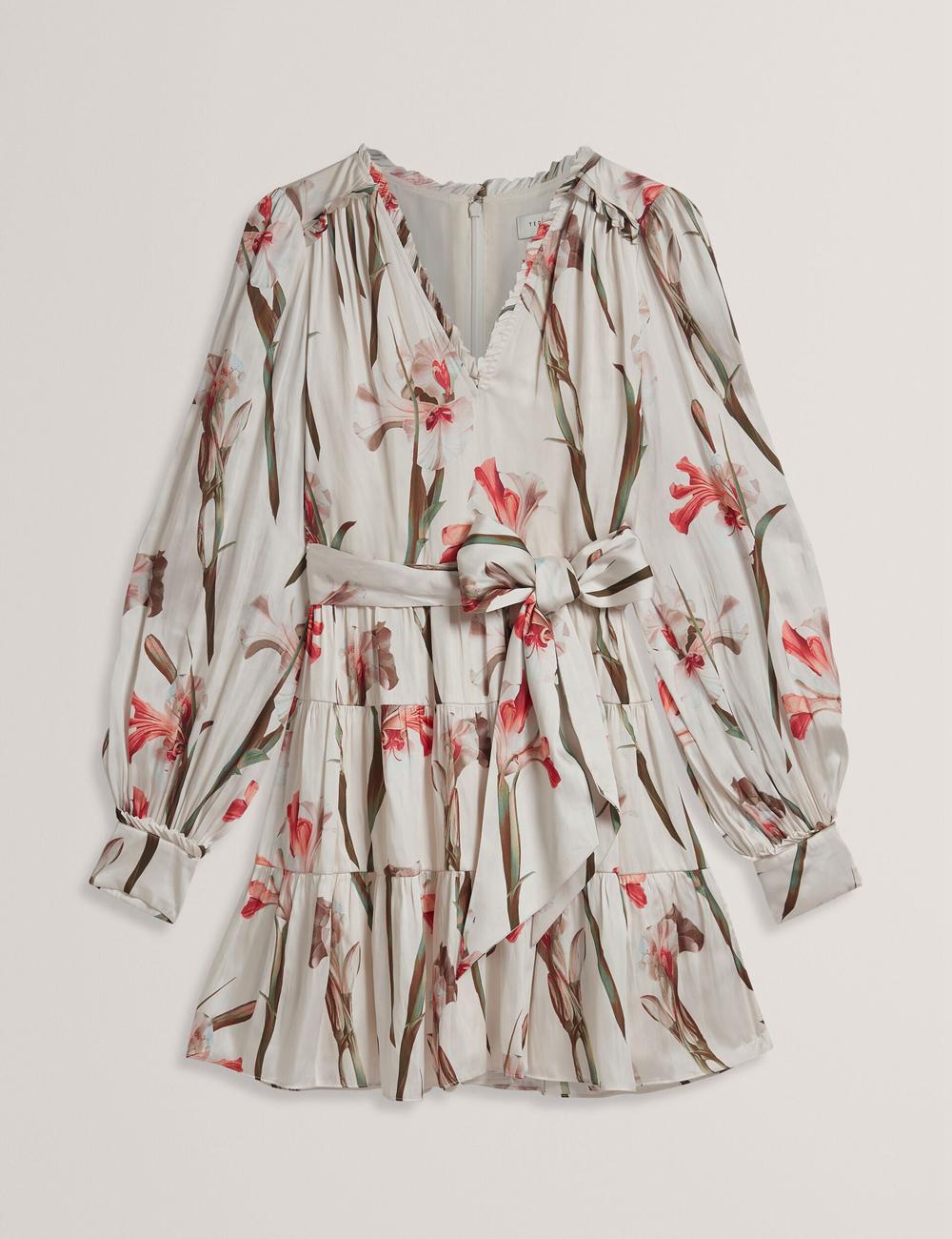 Women Ted Baker CUIABA - Floral V-Neck Waist Mini Dresses Ivory | Egypt  IVGBM-2981
