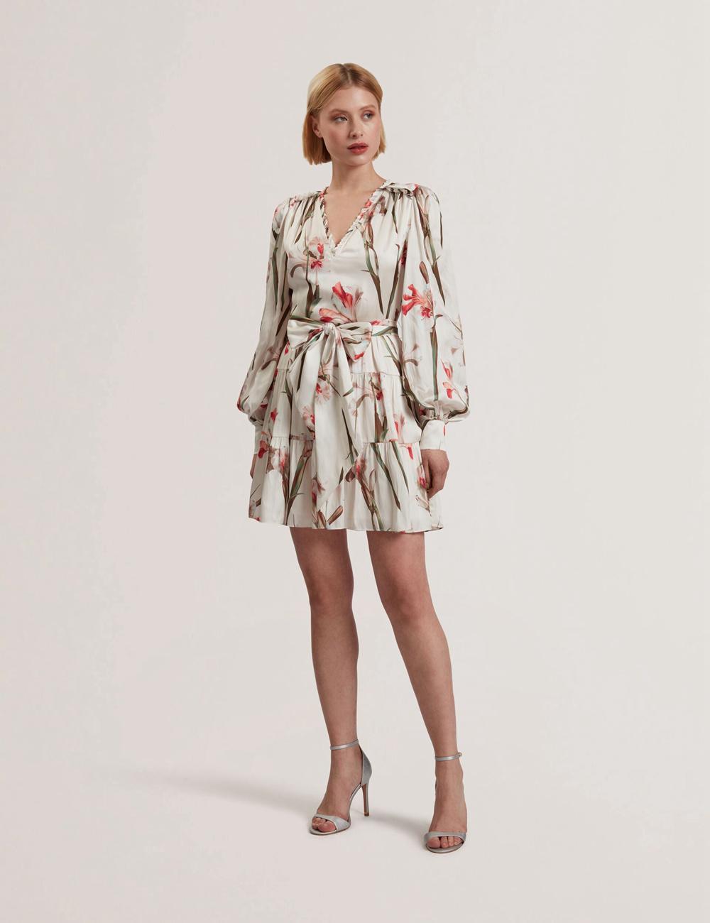 Women Ted Baker CUIABA - Floral V-Neck Waist Mini Dresses Ivory | Egypt  IVGBM-2981