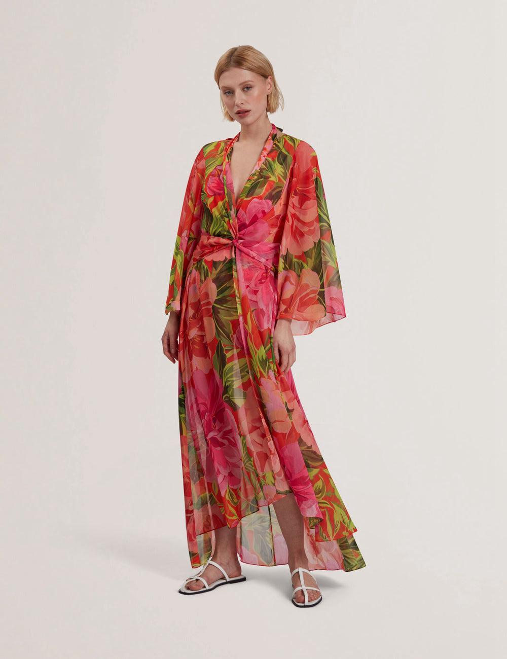 Women Ted Baker DDARCIS - Floral Twisted Waist Maxi Beach Cover Ups Coral | Egypt  YKBGM-8654