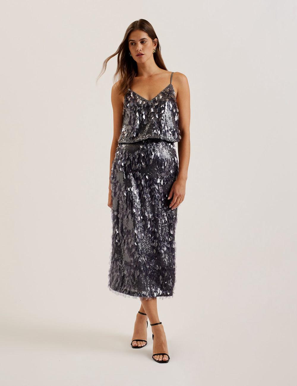 Women Ted Baker DORIDA - Mixed Sequin With Slit Midi Skirts Dk-Grey | Egypt  BWGTR-1023