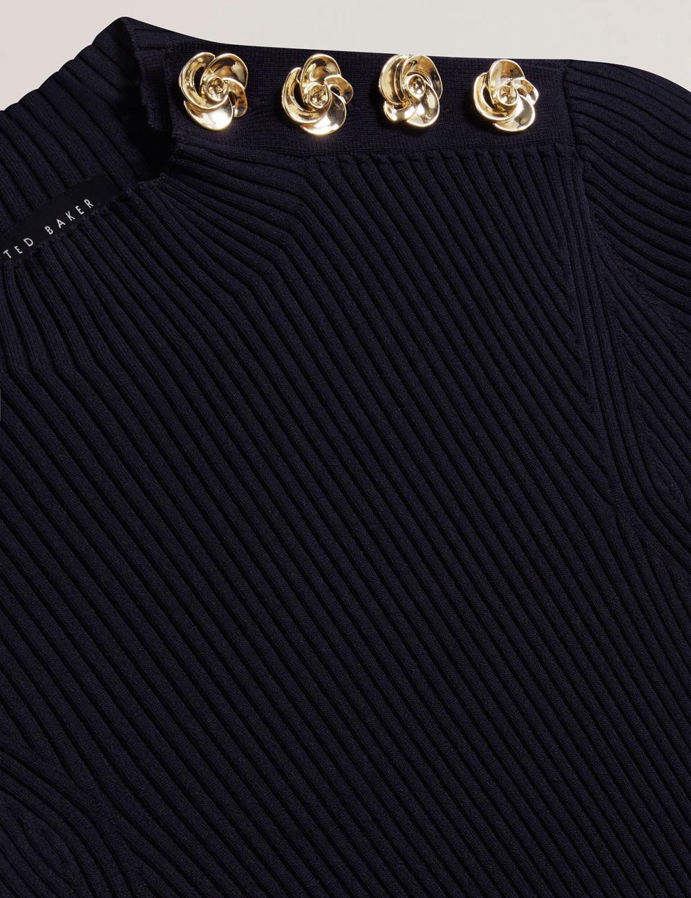 Women Ted Baker EELIIA - Ribbed Knit Short Sleeve With Rose Buttons Tops Navy | Egypt  ZLFEM-6142