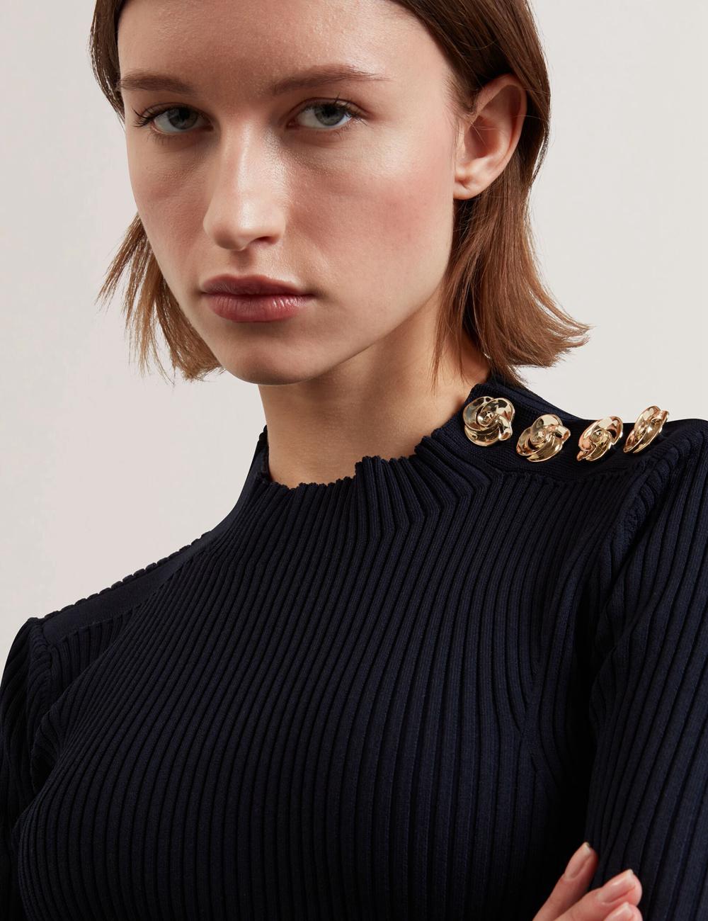 Women Ted Baker EELIIA - Ribbed Knit Short Sleeve With Rose Buttons Tops Navy | Egypt  ZLFEM-6142