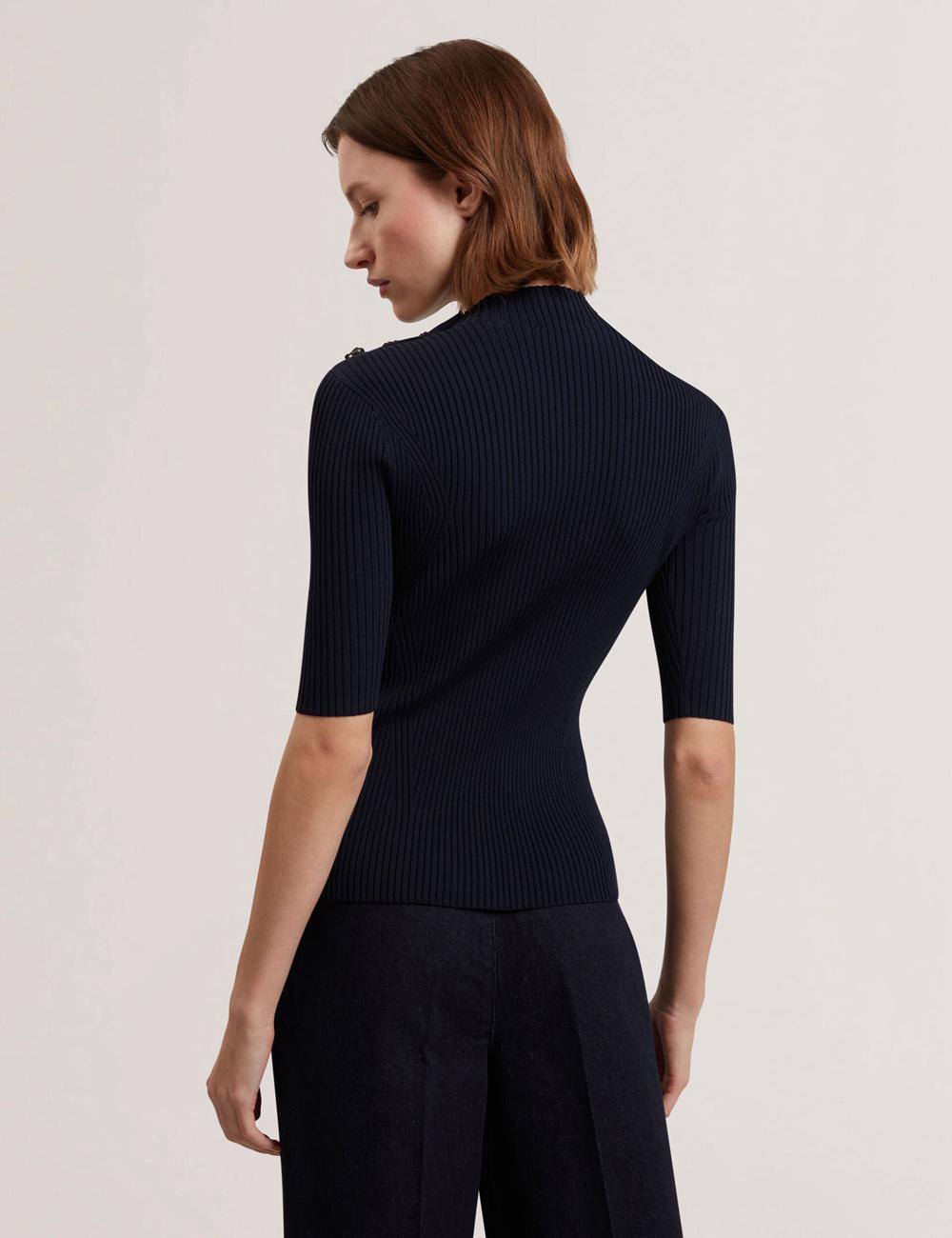 Women Ted Baker EELIIA - Ribbed Knit Short Sleeve With Rose Buttons Tops Navy | Egypt  ZLFEM-6142