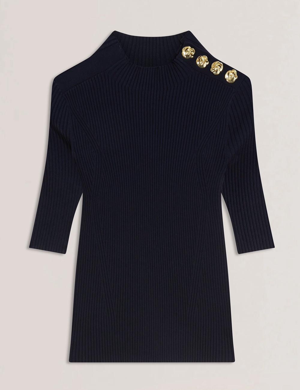 Women Ted Baker EELIIA - Ribbed Knit Short Sleeve With Rose Buttons Tops Navy | Egypt  ZLFEM-6142