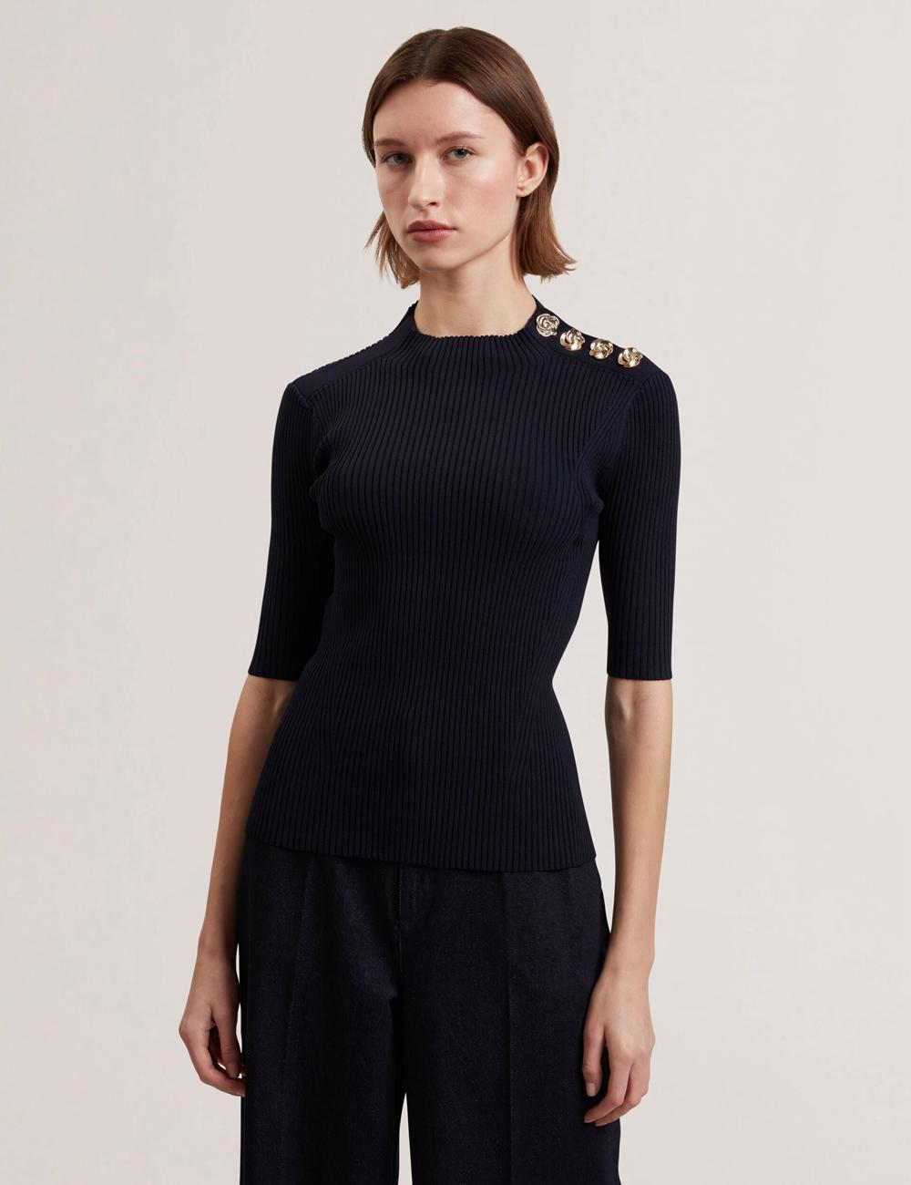 Women Ted Baker EELIIA - Ribbed Knit Short Sleeve With Rose Buttons Tops Navy | Egypt  ZLFEM-6142